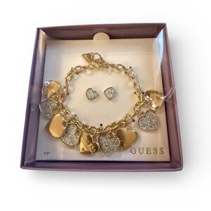 Guess Two-Tone Heart Charm Bracelet and Earring Set